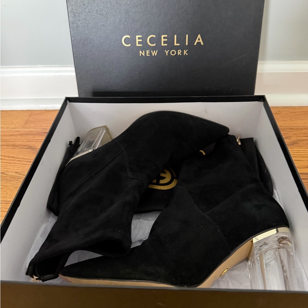 Cecelia New York Black Heeled Boots with Clear Accents